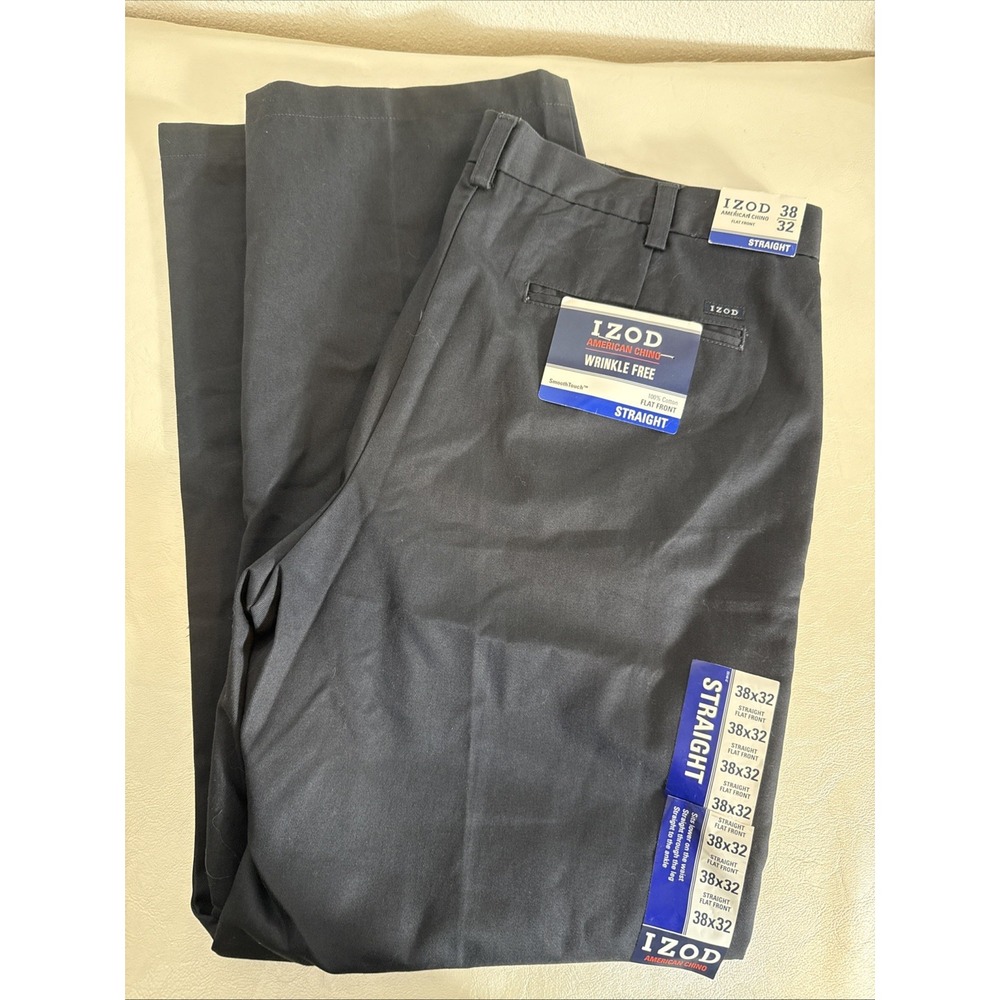 Izod Chino Pants Mens 38x32 Dark Blue Straight Flat Front Cotton Wrinkle Free